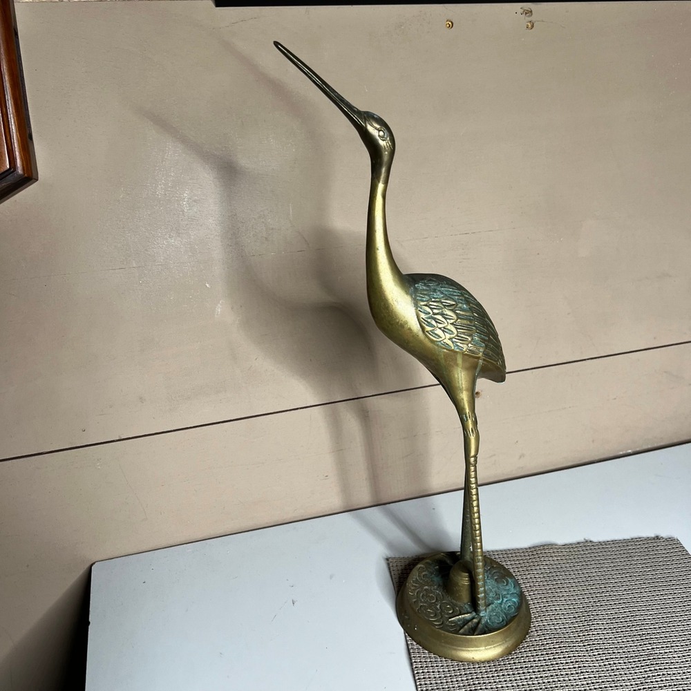 Vintage Large Brass Crane Statue 18 Inch Heron Figurine Verdigris Patina 4lbs